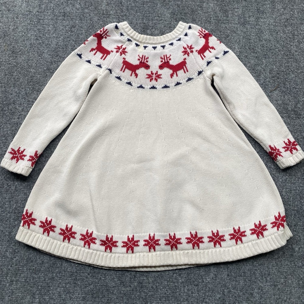 Hanna Andersson Girls Reindeer Sweater Dress 3T/90cm Cream Red Holiday